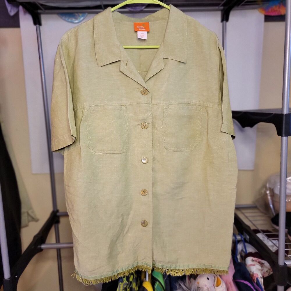 Hearts Of Palm Woman, 55% Linen, Full Button, SS Blouse, Sage Green - Size 16W